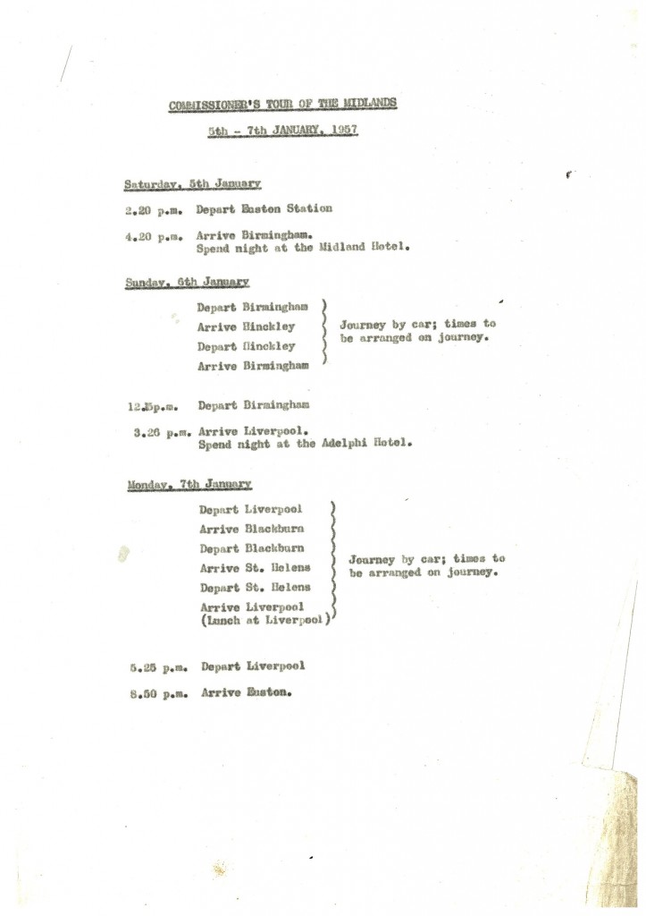 Itinerary for Tour of the Midlands January 1957